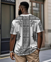 Men's Plus Size White Vintage Pattern Printed Henry Collar Button Short Sleeve T-shirt